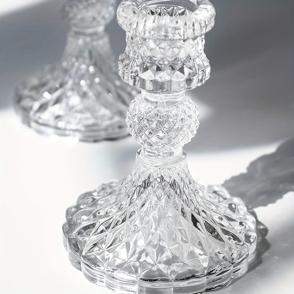 2pcs/set Clear Glass 4 Inch Tall Taper Candle Holders, Crystal Decorative Candle Stand Centerpiece Fit 0.8 Inch Candles For Table Wedding Dinning Party