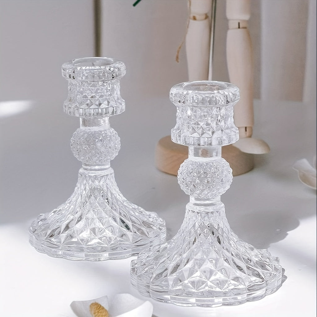 2pcs/set Clear Glass 4 Inch Tall Taper Candle Holders, Crystal Decorative Candle Stand Centerpiece Fit 0.8 Inch Candles For Table Wedding Dinning Party