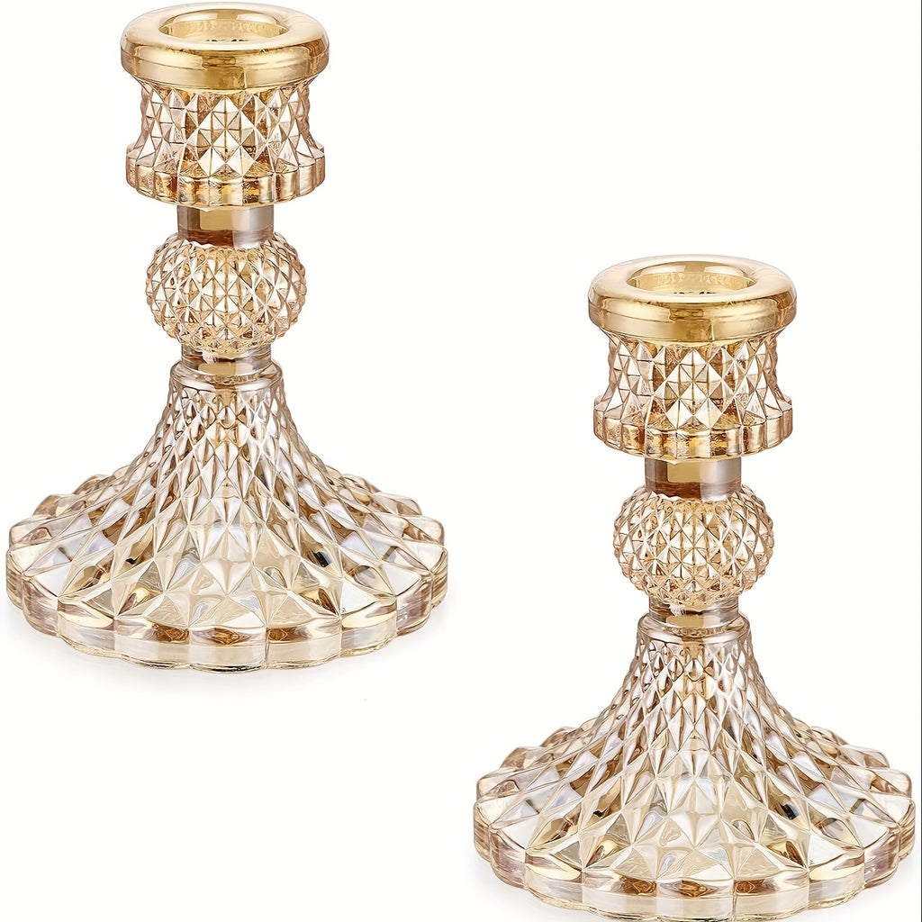 2pcs/set Clear Glass 4 Inch Tall Taper Candle Holders, Crystal Decorative Candle Stand Centerpiece Fit 0.8 Inch Candles For Table Wedding Dinning Party
