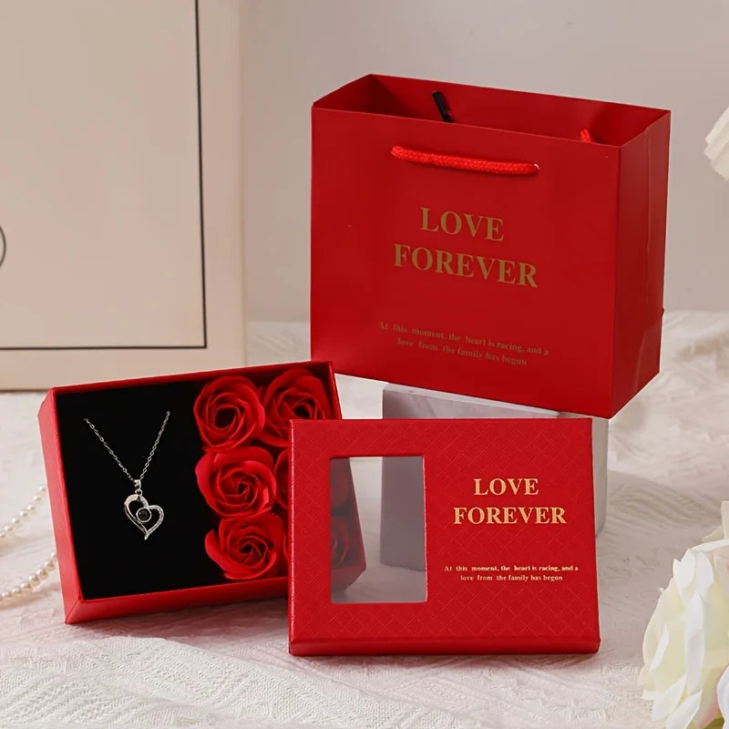 Valentine's Day Gift Set: 6 Roses + Window Box + Tote Bag (Necklace not included). Perfect for Valentine's Day and Anniversary.